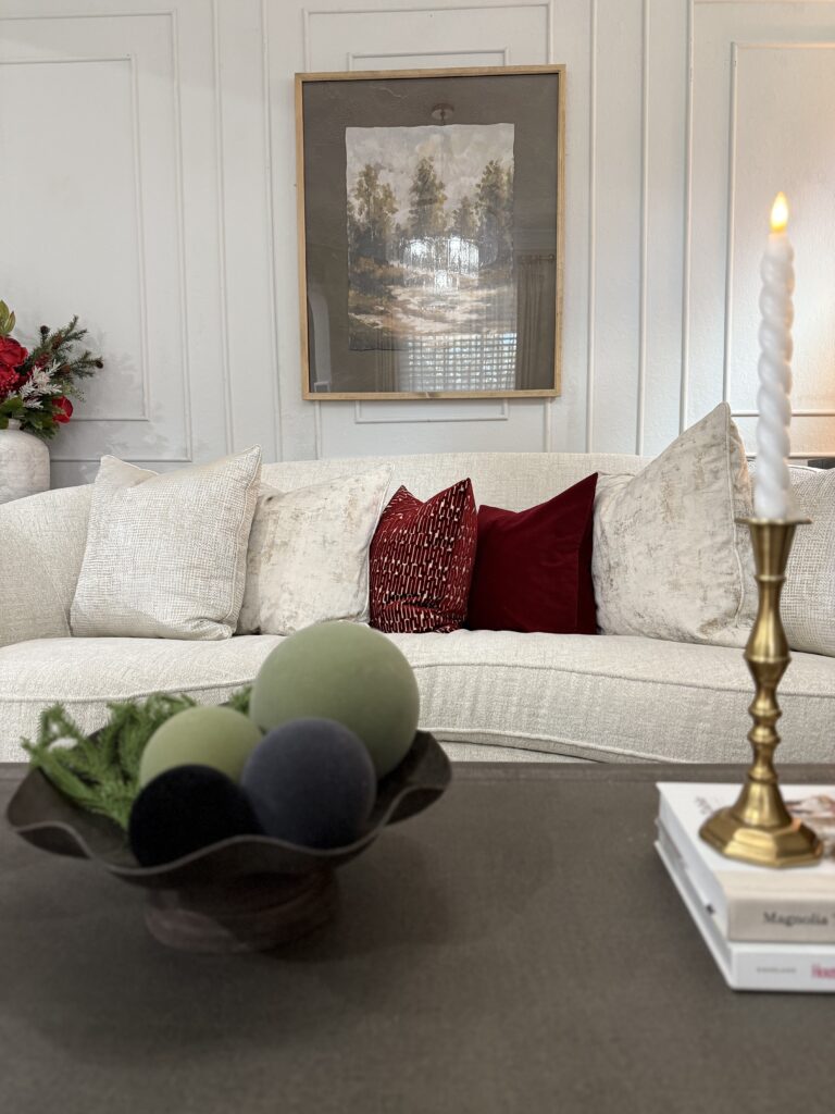 winter wall art with moody colors in living room The Woodlands Interior Design Emma's Interior