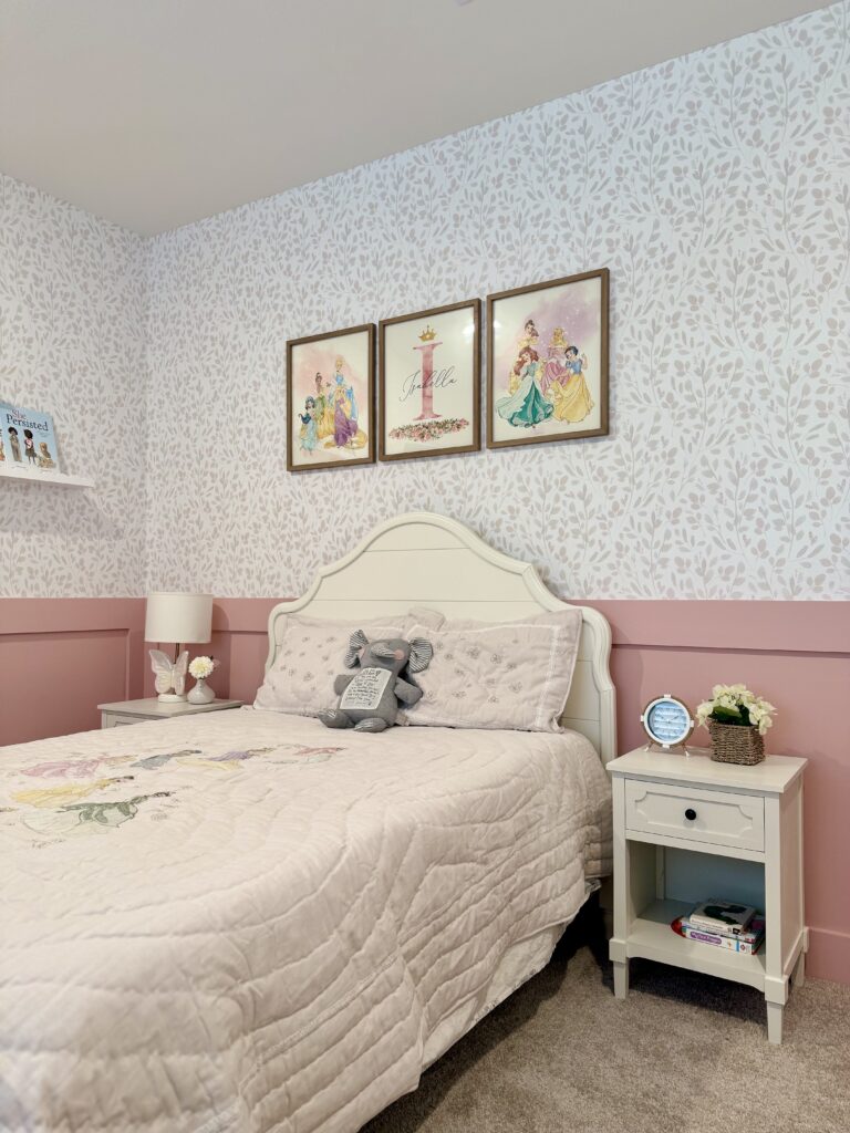 Custom pink board and batten wall detailing for a girls room by Emma’s Interior in Cypress TX