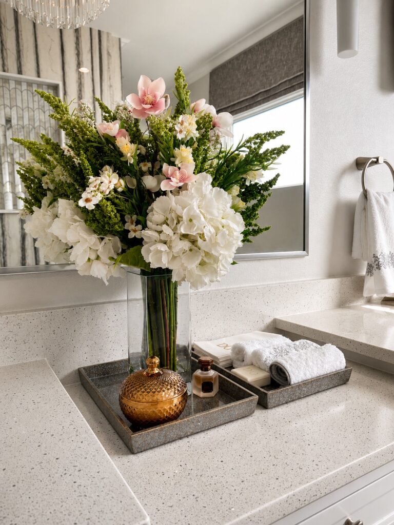 Close-up of a modern bathroom vanity tray styled with a floral vase, customized soaps, and rolled hand towels on a dark stone countertop in Houston, TX.
