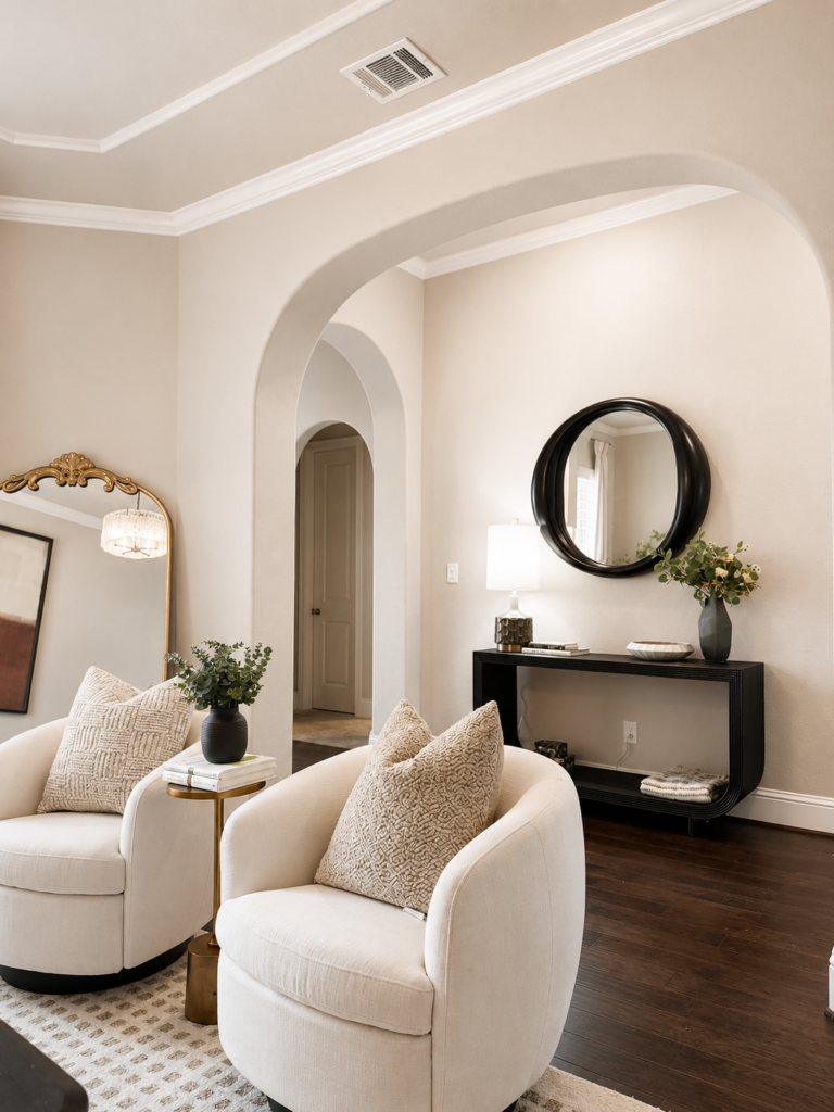 Looking through a smooth archway from a conversational sitting room into a styled foyer in Montgomery, TX